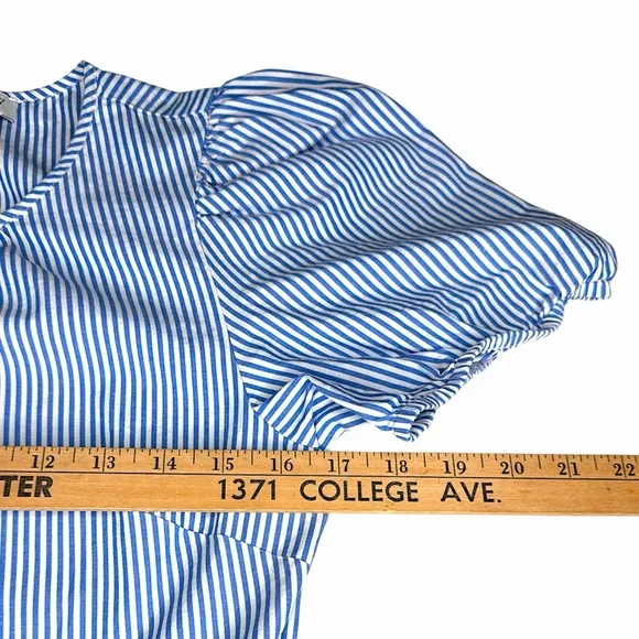 J. Crew Poplin Puff Sleeve Blue Striped Tiered Midi Ruffle Dress Size 4 GUC! - Picture 11 of 16